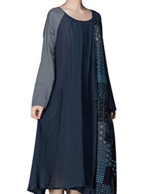 Navy Patchwork Panel Maxi Dress with Gray Sleeves